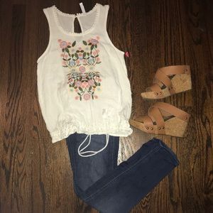 NWOT • Embroidered Drawstring Hem Top